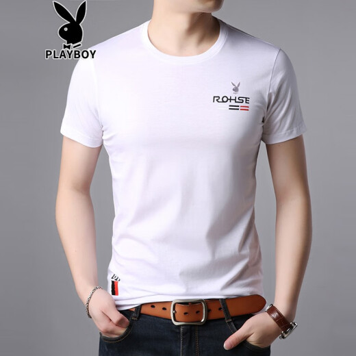 Playboy short-sleeved T-shirt men's round neck summer men's clothing men's half-short sleeve Korean version fashion trend slim casual versatile top summer t-shirt five-quarter sleeve bottoming shirt half-sleeve white XL