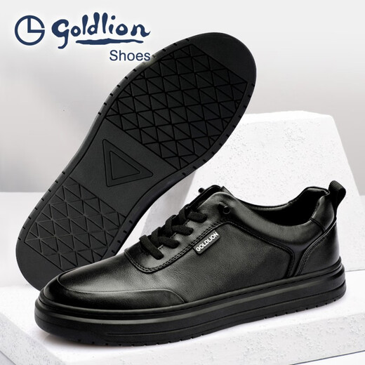 Goldlion men's shoes round-toe men's sneakers simple black cowhide business casual leather shoes for men black 40