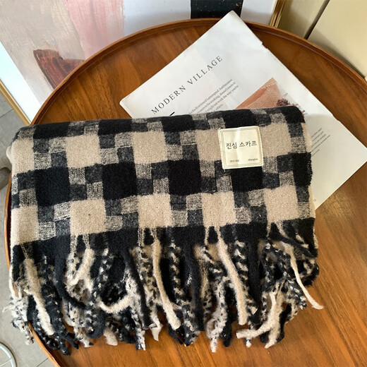 Caikaying new autumn and winter scarf men's Korean style fashion versatile tassel shawl thickened warm scarf men's windproof and cold plaid patch scarf black