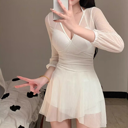 Nine-inch Sunshine Swimsuit Women's Summer 2024 New One-piece Skirt Style Conservative Lace Long-Sleeved Swimsuit Pure Desire Small Breast Underwire Hot Spring Swimsuit Long-Sleeved Swimsuit [White; 80-120Jin [Jin equals 0.5 kg]]
