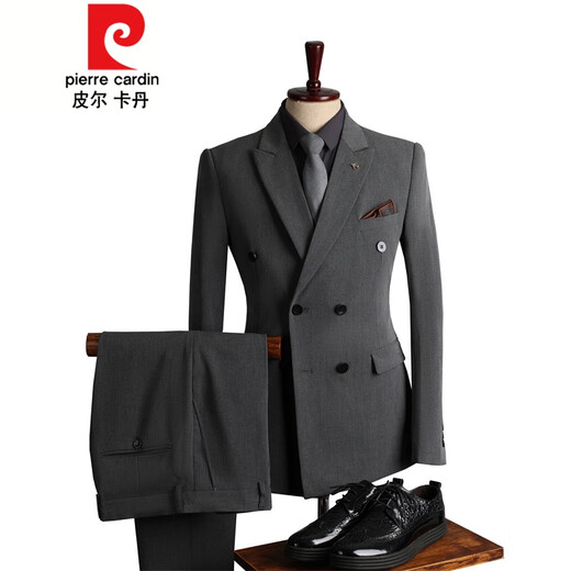 Pierre Cardin suit men's British style double-breasted business casual suit three-piece groom's wedding dress navy blue (suit + pants) 2XL (190)