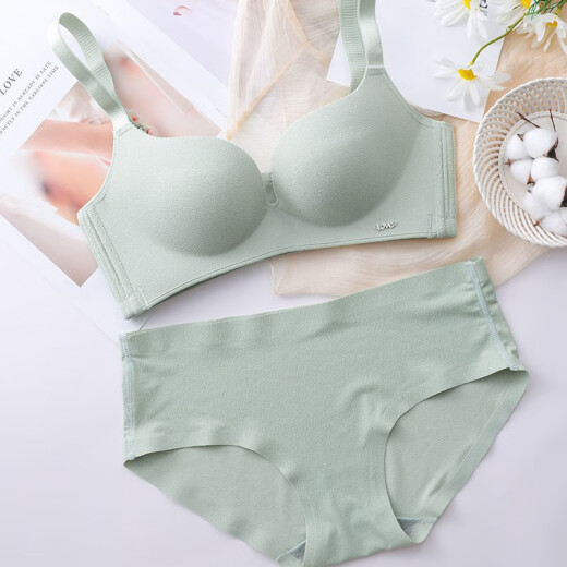 [Thickness optional] French KJ wire-free bra Thai natural latex bra set sexy push-up top support side breast collection seamless underwear breathable bra new brand bra green set 75B=34B (thin top and bottom thickness 2.5 cm)