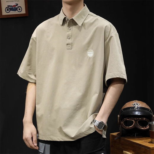 Gu Xiansen American short-sleeved T-shirt men's summer lapel polo T-shirt loose casual half-sleeved collared quick-drying top Brown L 130-145Jin Jin equals 0.5 kg