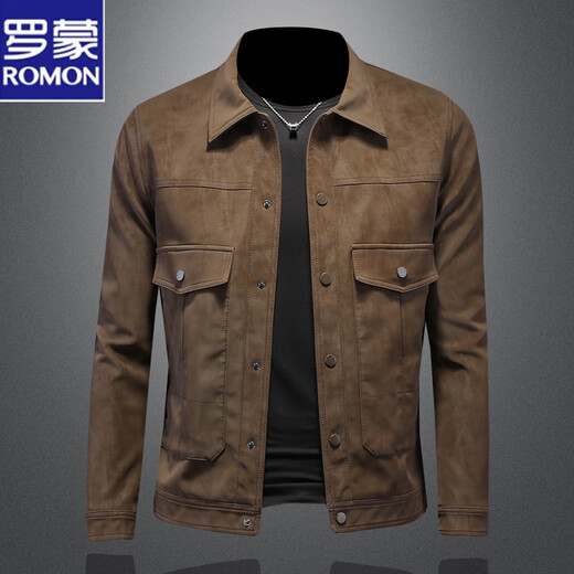 Romon Autumn 2026 New Leather Jacket Men's Lapel Motorcycle Suede Imitation Leather Jacket Korean Style Handsome Top Fashion Khaki XL