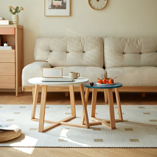 Lin's home coffee table small apartment solid wood legs round tea table living room home Japanese style combination side table LS755 [white] LS755J3-A large round coffee table