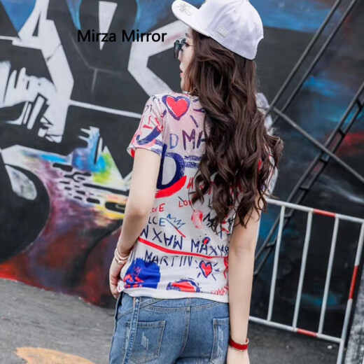 MirzaMirror short-sleeved 2020 new summer fashionable European station personalized printed t-shirt women's slim half-sleeved top trendy color M, suitable for 90-100Jin [Jin equals 0.5 kg]