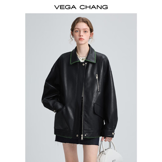VEGA CHANG【精英衣橱】黑色皮衣女2025春秋宽松显瘦机车风pu皮短外套 松绿黑 S