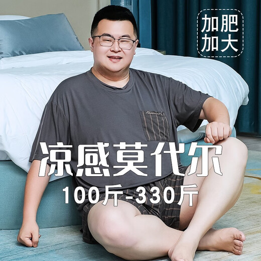 金芝斕（jinzhilan）大码睡衣男士莫代尔夏季宽松短袖短裤胖子薄款圆领加肥加大家居服 BX-723深灰条纹 4XL 【建议220-260斤】