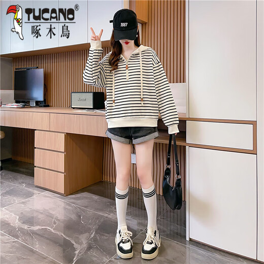 啄木鸟条纹卫衣女连帽2024秋季新款韩版大码宽松设计感减龄百搭长袖上衣 图片色 6625 M 80-105斤