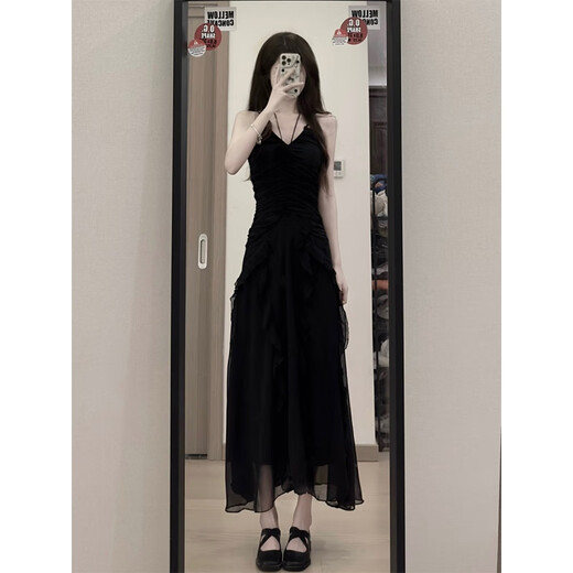 Yanlifen (yanlifen) skirt for women 2025 summer French style black suspender dress with waist slimming seaside beach long skirt black dress (send flowers) M