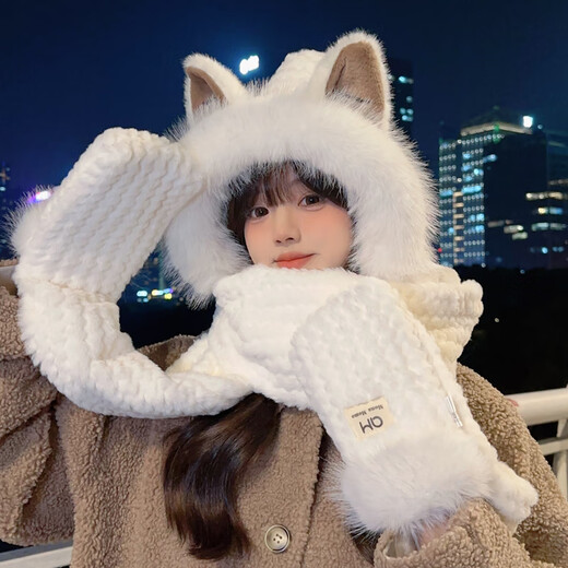 Zeng Chu Zeng Chu Fuchs Ohrhöhe Plüschhutschal integrierter Frauen Herbst und Winter 2023 neue niedliche Handschuhe warme dreiteilige beige Eingröße (Velvet hinzugefügt und verdickt)