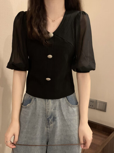 熊司令2025夏新款冰丝雪纺拼接V领短袖针织衫淑女薄款打底衫短款上衣MCL 3523黑色 均码 (70-125斤可穿)