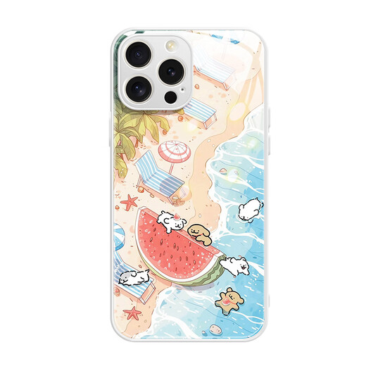 Beautiful Ten Cent (MSMF) new summer seaside line puppy Apple phone case tempered glass hard shell silicone soft edge anti-fall lens full-inclusive cute cartoon internet celebrity suitable for men and women protective cover [Glass Starry Silver] line puppy 1-BL844Y iPhone12pro