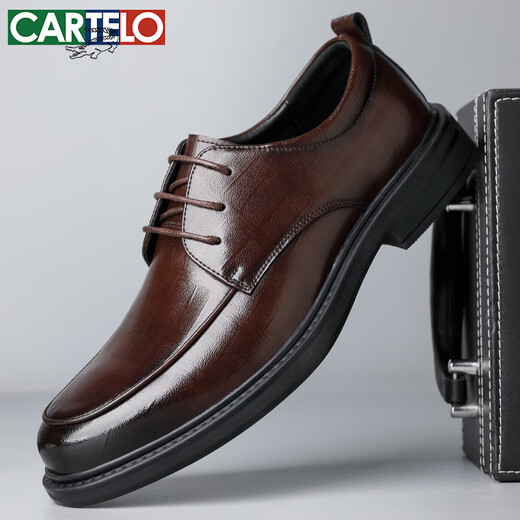 CARTELO plaid men's leather shoes wear-resistant soft cowhide casual leather shoes men's business round toe thick-soled men's shoes 9672 brown 41