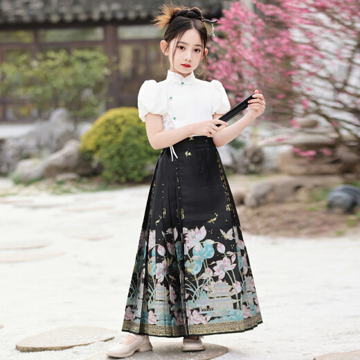 
Baaober Chinese style girl Hanfu summer new Chinese performance costume set new Tang suit horse face skirt girl summer Ming style black plus 2687 white 130cm