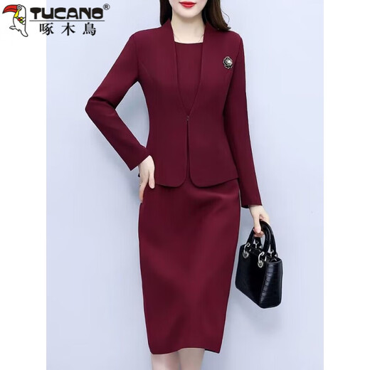 Woodpecker (TUCANO) high-end long-sleeved dress fashion set Qiuxi Mom M mother-in-law two-piece skirt wine red minimal color difference 2XL 122-132Jin Jin equals 0.5 kg