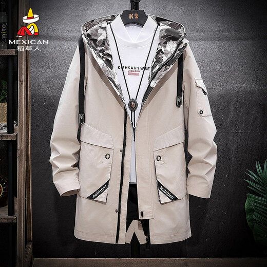 Scarecrow (MEXICAN) windbreaker men's autumn Korean style trendy camouflage workwear hooded jacket mid-length top men's khaki. M
