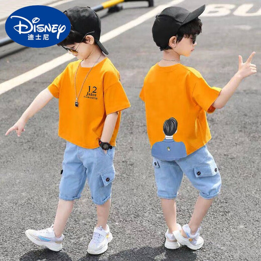 Disney boys and boys summer suit 2023 new summer summer style handsome sports short-sleeved Korean version big children's clothing trend 12 orange denim two-piece set 120 size suitable for about 110 cm