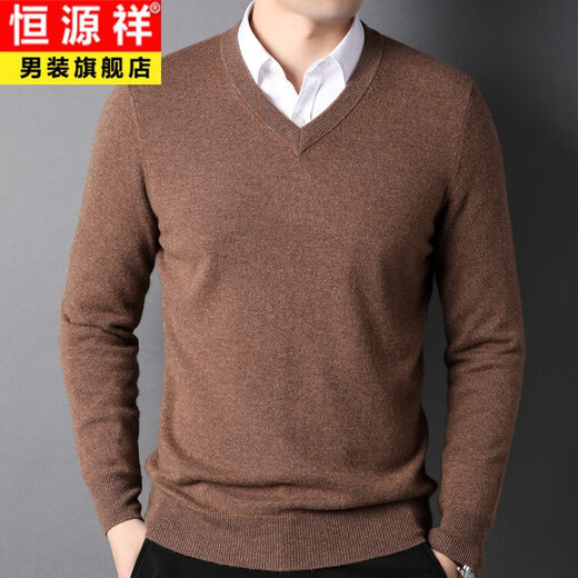 恒源祥纯羊绒衫男v领毛衣冬季新款中年100%山羊绒套头鸡心领针织衫男厚 藏青 L 175/110