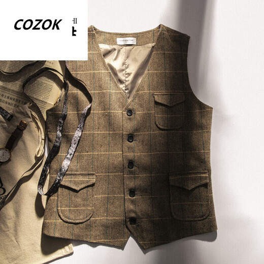 CINESSD秋冬款人字纹复古男士西装马甲粗花呢欧美咔叽英伦大码保暖背心潮 咖啡色格子 5XL
