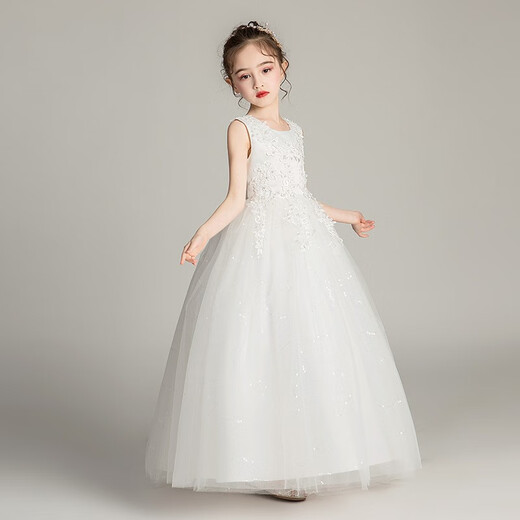 Dev Ake Kinderkleid Girl Prinzessin Rock Moderatorin High-End Piano Performance Evening Kleid Kleid mit kleinem Mädchen Hochzeits Sommer Big Boy BX683 Langhändler weiße 150 (vorgeschlagen 61-70 Jin [Jin ist gleich 0,5 kg])