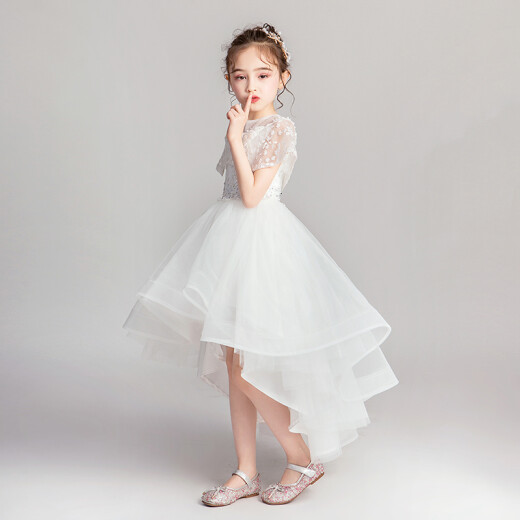 Bei Lianyan girls birthday princess dress autumn flower girl wedding dress white fluffy gauze little girl evening dress children's piano performance dress summer white short front and long back LF-033140cm