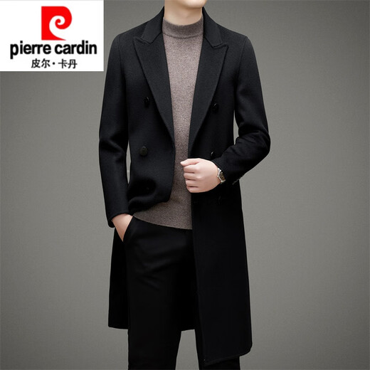 皮尔卡丹高档羊毛双面呢大衣男长款过膝毛呢外套男秋冬英伦风双排扣 黑色 L 175