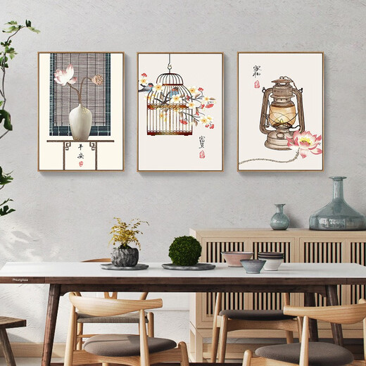 摩琥新中式餐厅装饰画现代简约艺术花瓶竖版挂画饭厅厨房画过道走廊画 禅意祝福-6627 镜面晶瓷60*80炫酷黑框