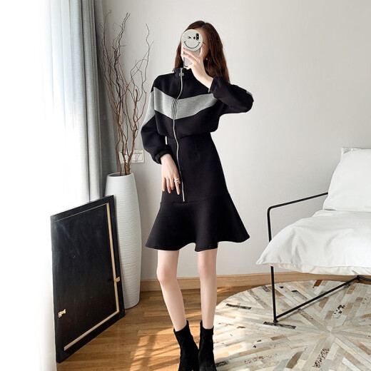 Hanmo Beauty Dress Autumn and Winter 2020 Early Autumn Color Matching Zipper Waist Irregular Ruffles Age Reduction Casual Sweater Dress Women HMQZ0818 Black M