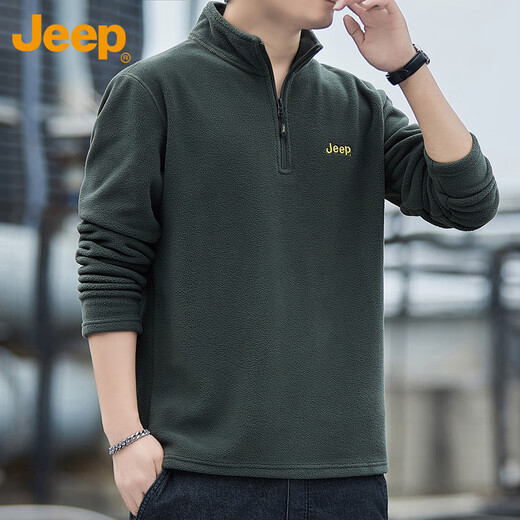 JEEP Jeep sweatshirt men's autumn and winter loose long-sleeved T-shirt polar fleece thickened casual clothes men's military green 2XL