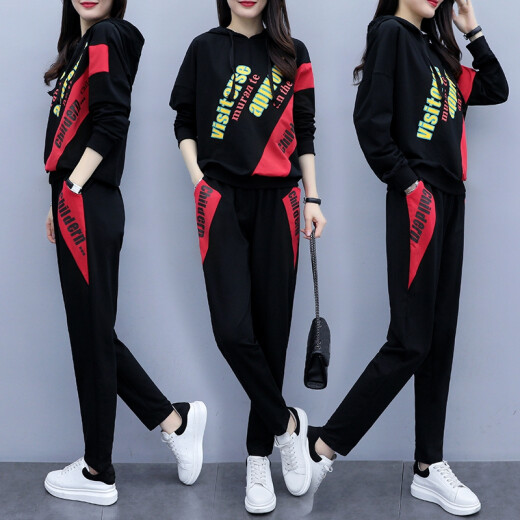 Li Qiao Sweater Women's 2020 Autumn Plus Size Women's Fashionable Age Reduction Letter Long Sleeve Sports Suit Fat mm Slimming Covering Two-piece Set zx3E249-8811 Black Large Size XXXL