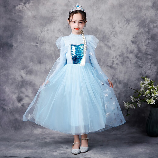 Remember Elsa Princess Dress Autumn and Winter New Frozen Elsa Girls Dress Children's Skirt New Year Dress Elsa Sweater Blue 120 (recommended height 110-120cm)