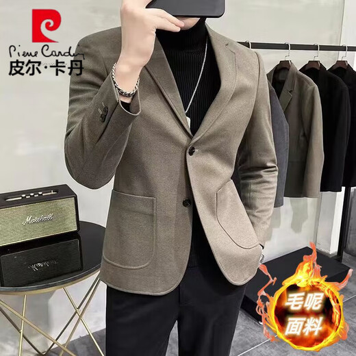 Pierre Cardin autumn and winter woolen casual suit men's suit thickened warm slim versatile British woolen suit two-piece dark gray woolen suit L 115-135Jin Jin equals 0.5 kg