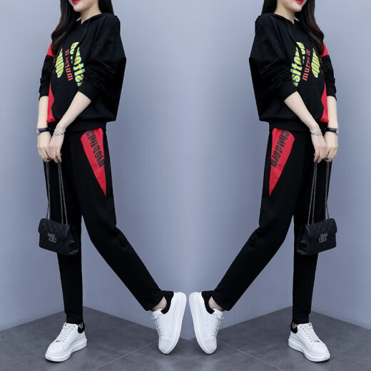 Li Qiao Sweater Women's 2020 Autumn Plus Size Women's Fashionable Age Reduction Letter Long Sleeve Sports Suit Fat mm Slimming Covering Two-piece Set zx3E249-8811 Black Large Size XXXL