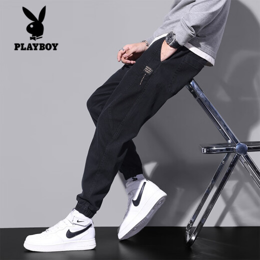 花花公子（PLAYBOY）加绒牛仔裤男士秋冬款束脚潮牌2024秋季新款休闲九分裤子工装长裤 DW_9859 黑色 加绒 3XL