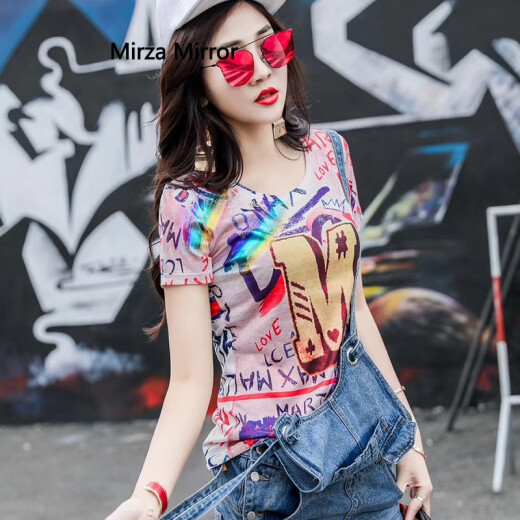 MirzaMirror short-sleeved 2020 new summer fashionable European station personalized printed t-shirt women's slim half-sleeved top trendy color M, suitable for 90-100Jin [Jin equals 0.5 kg]