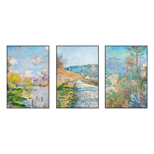 莫奈装饰画世界名画梵高油画挂画客厅沙发背景墙风景墙壁画三联画 塞纳河的春天 30*40cm 9mm布纹膜三联画黑边