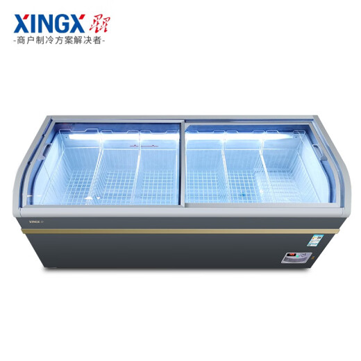 Xingxing (Xingx) kommerzieller Supermarkt -Displayschrank Automatische Abtau -Kühlung Horizontal Displayschrank Gefrierschrank Supermarkt Großer Kombination Islandschrank Gewerbe gefrorene Knödel Eis geschnitztes Glastür Gefrierschrank 1100bya Automatisierung Frost 2500*890*880 mm