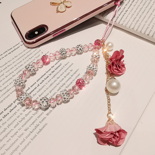 Zhenge mobile phone lanyard crystal chain beads hand-woven mobile phone case pendant rhinestone women's pendant short wrist anti-lost key USB rope Apple op Huawei vi mobile phone strap pendant fresh pink crystal flower pendant lanyard