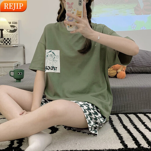 
REJIP pajamas ladies 2024 new short-sleeved shorts summer cute internet celebrity style home clothing summer suit can be worn outside Q6627 2XL [recommended 140-160Jin [Jin equals 0.5 kg]]