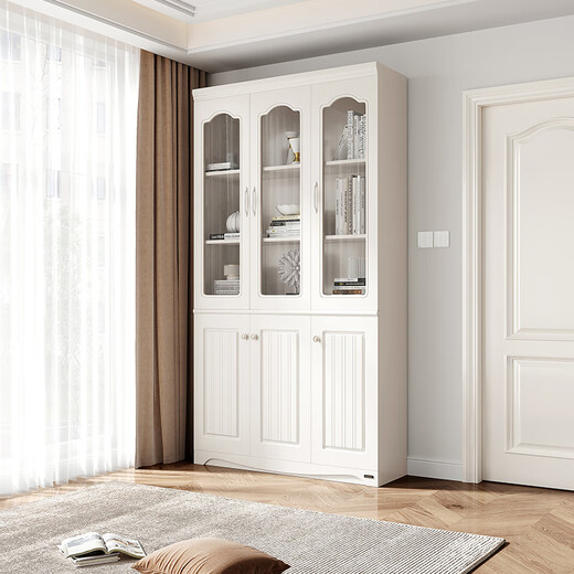 全友家居靠墙落地手办展示柜带门书柜简约客厅玻璃收纳储物柜子