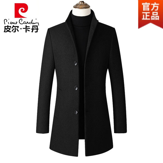 皮尔卡丹（pierre cardin）2023秋冬新款中长款单排扣立领羊毛呢男子大衣男士风衣外套男装易 原亚洲码 黑色-薄款 XXL(衣多穿)(轻商务)(易打理)