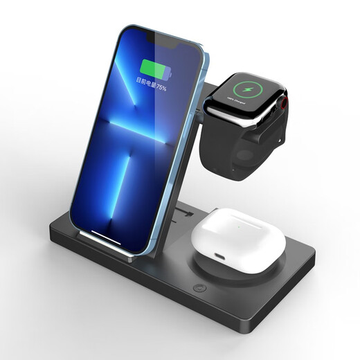 MOYi wireless charger three-in-one fast charging, suitable for Samsung S25 mobile phone, Apple iPhone headset, iWatch Ultra watch, desktop vertical charging base bracket, cool black, wireless fast charging, soft light night light