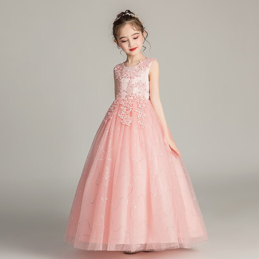 Dev Ake children's dress girl princess skirt host high-end piano performance evening dress little girl wedding summer big boy BX683 long sleeveless pink 120 (recommended 34-40 Jin [Jin equals 0.5 kg])