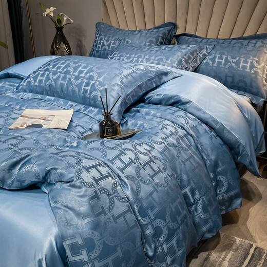 Yalu washed silk bed four-piece ice silk quilt cover summer single and double home bedding sheet three-piece set Embera-blue (skin-friendly and breathable, silky and naked sleeping grade) 1.5m four-piece set bed sheet style (quilt cover 200*230cm)