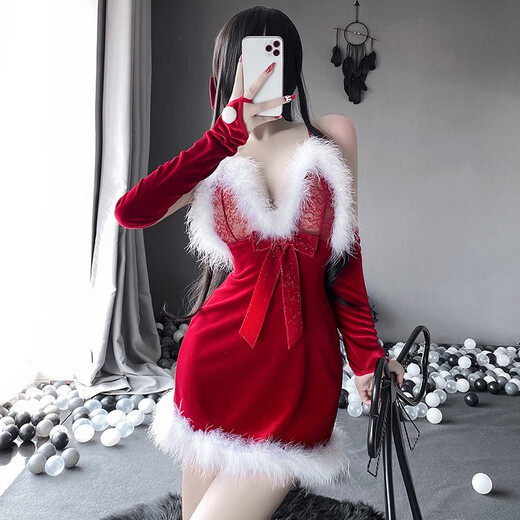 曼烟性感圣诞节制服诱惑床上免脱纯欲冬季激情睡衣套装女 1049圣诞裙+蝴蝶结长筒袜