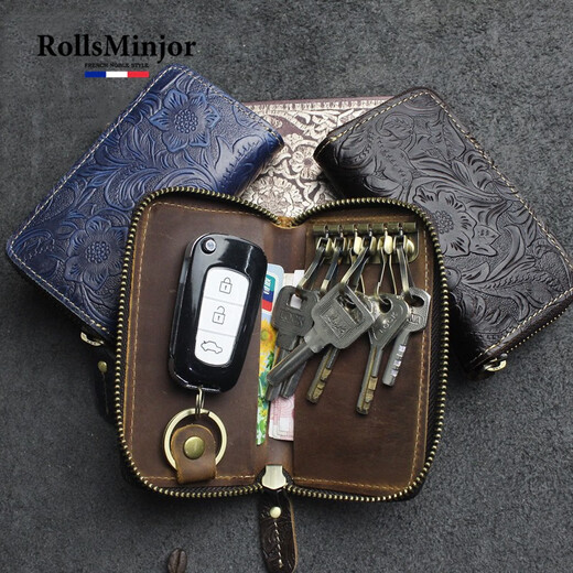 Rolls Minjor Cowhide Car Key Sac Men's Great Cuir rétro Crazy Horse Couiner Change Card Carte Maison de rangement Maison de rangement Femmes Brun 7 * 2 * 12,8 cm