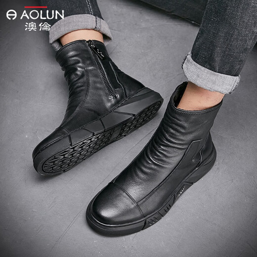 Bottes masculines australiennes, chaussures hautes hautes, hommes plus velours en cuir soft en cuir doux martin, bottes en cuir britannique, chaussures en coton, chaussures d'hiver, bottes Chelsea, noir (plus velours) 42