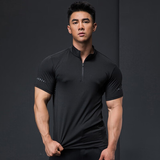 Lutie Dog Fitness Wear Short Sleeve Men's Stand Collar POLO Slim Fit Muscle Showing Quick Drying Breathable High Elasticity Coaching Wear T-Shirt Black XL
