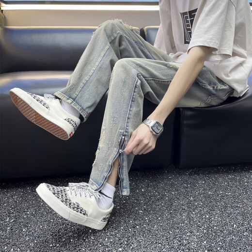 Hongtiwan Jeans Men's Summer Ripped High Street Vibe American Pantals Trendy Men Korean Style Trendy Teenage Slim Fit Blue Ripped Style YD728 L (100-120JIN [Jin est égal à environ 0,5 kg]))